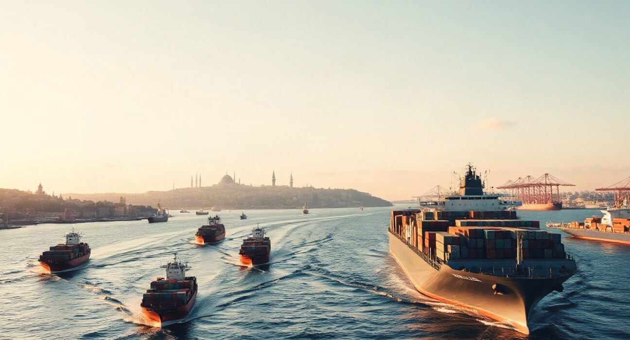 Container ships on the Bosphorus in Istanbul, representing Turkey's trade activity.