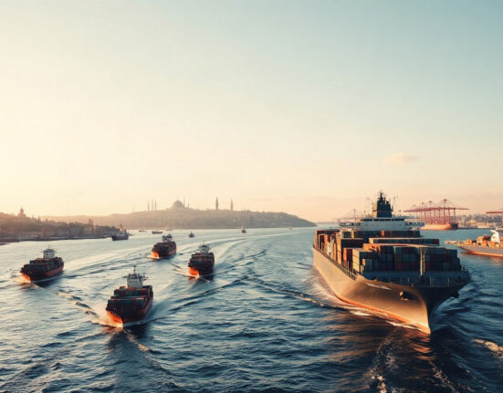 Container ships on the Bosphorus in Istanbul, representing Turkey's trade activity.