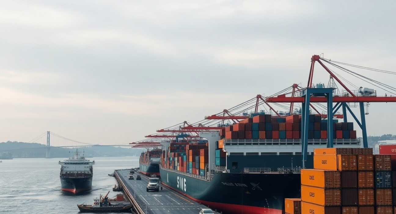Busy cargo port in Istanbul with container ships and cranes, representing Turkey's trade activity.