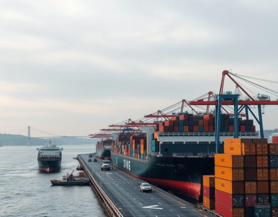 Busy cargo port in Istanbul with container ships and cranes, representing Turkey's trade activity.
