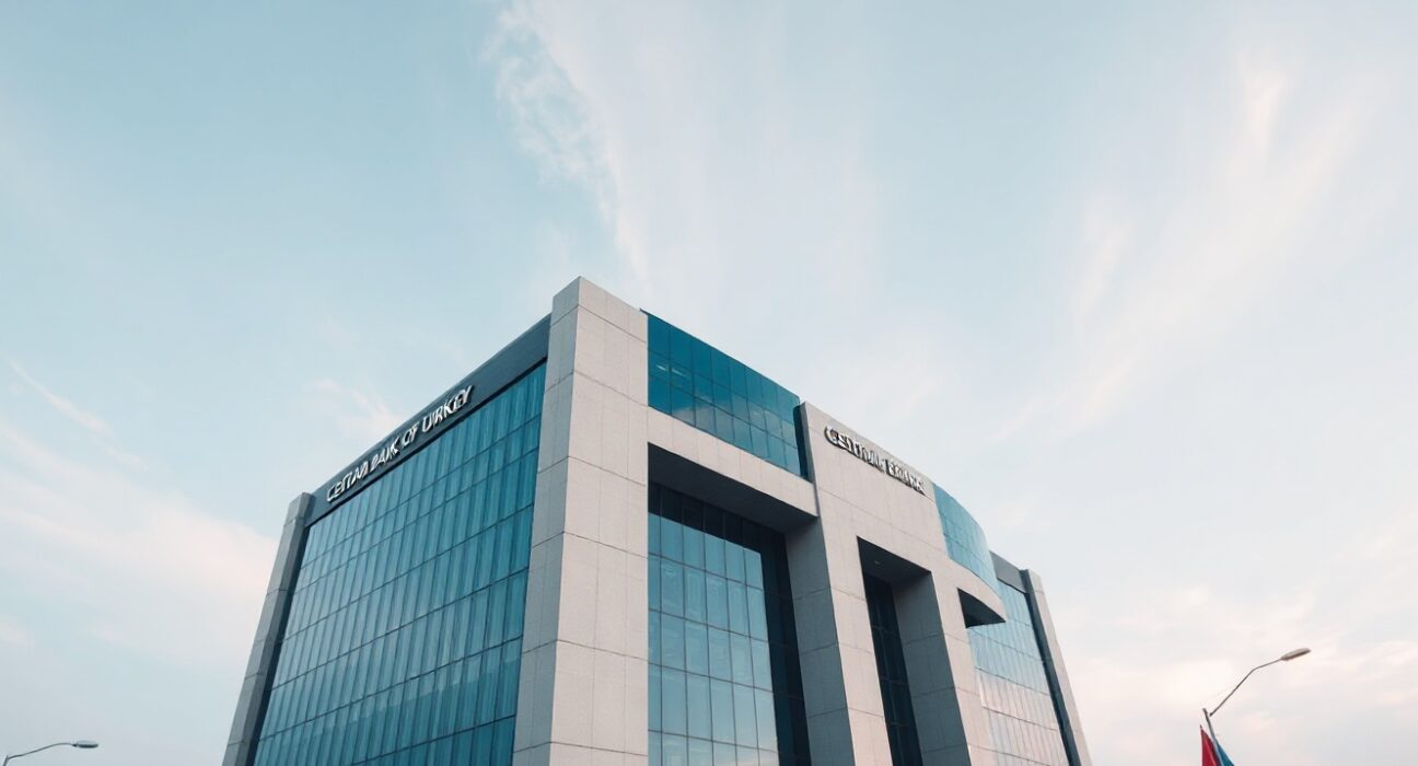 Central Bank of Turkey building in Ankara on a clear day, symbolizing the country's fiscal and monetary operations.