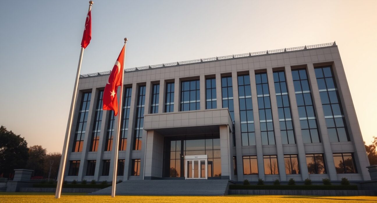Exterior view of the Turkish Treasury and Finance Ministry building in Ankara during late afternoon.