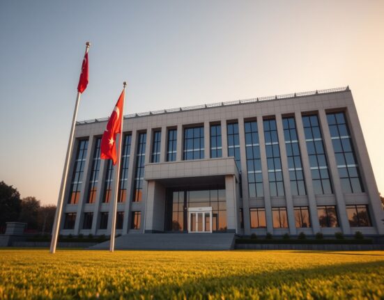 Exterior view of the Turkish Treasury and Finance Ministry building in Ankara during late afternoon.