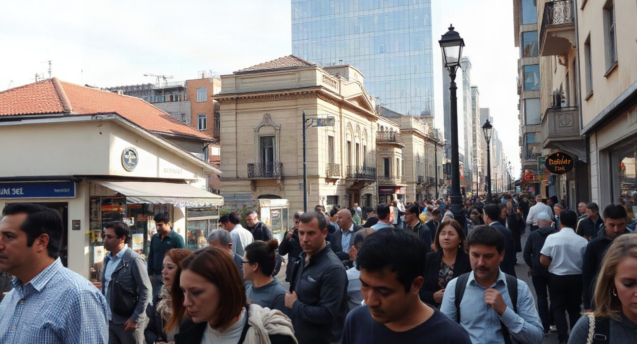 Pedestrians walking on a busy street in Istanbul, Turkey, reflecting the labor market situation.