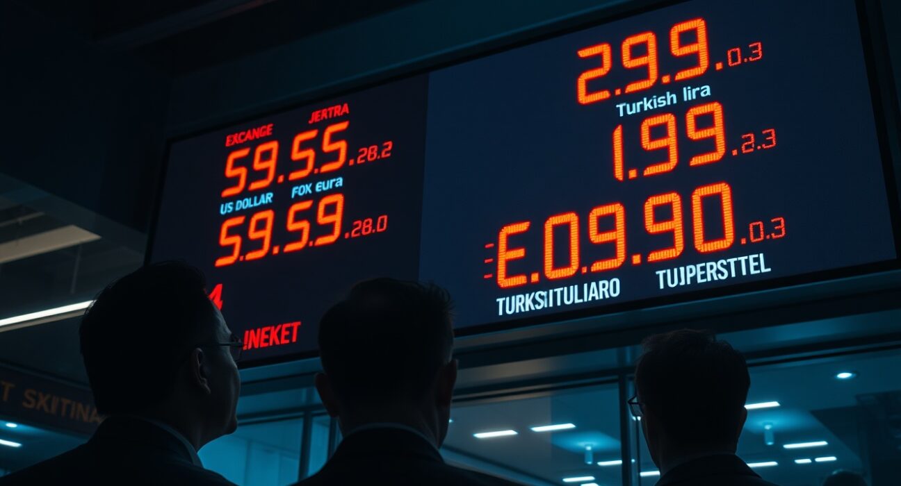 Digital exchange rate screen showing falling Turkish Lira in a dimly lit Istanbul currency exchange office