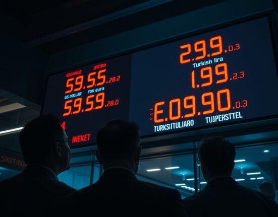 Digital exchange rate screen showing falling Turkish Lira in a dimly lit Istanbul currency exchange office
