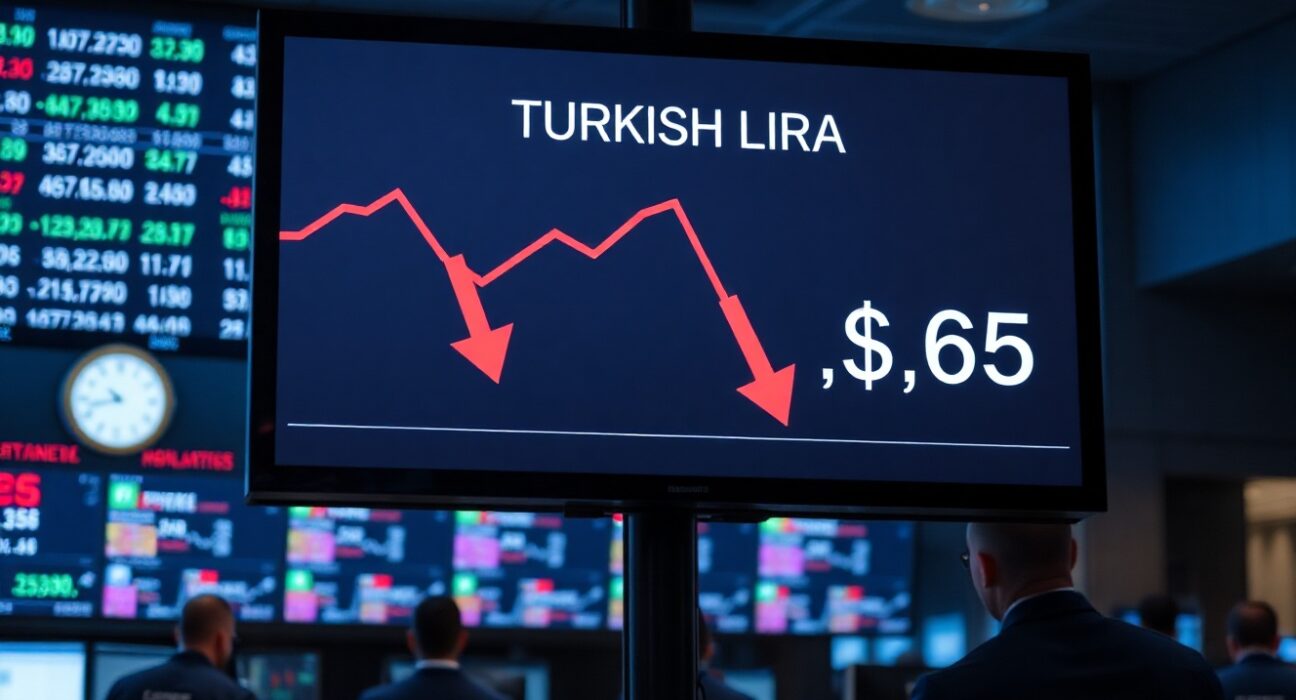 Financial market board showing Turkish lira depreciation against US dollar
