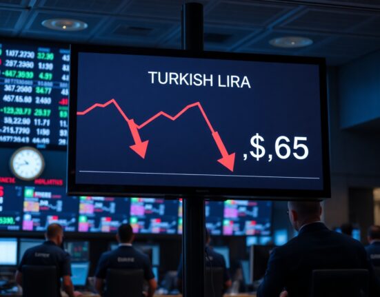Financial market board showing Turkish lira depreciation against US dollar