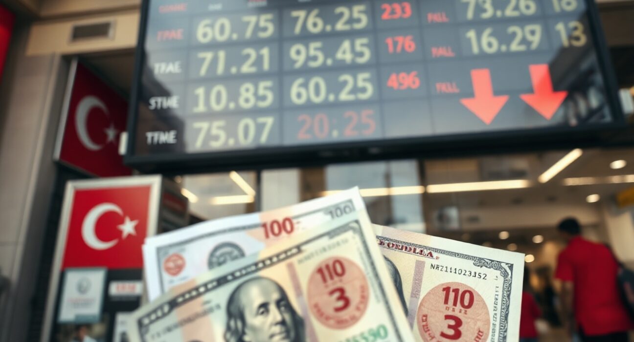 Turkish lira and US dollar banknotes with a currency exchange board showing depreciation
