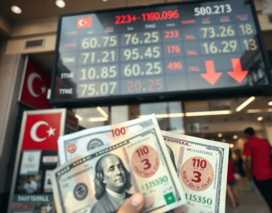 Turkish lira and US dollar banknotes with a currency exchange board showing depreciation