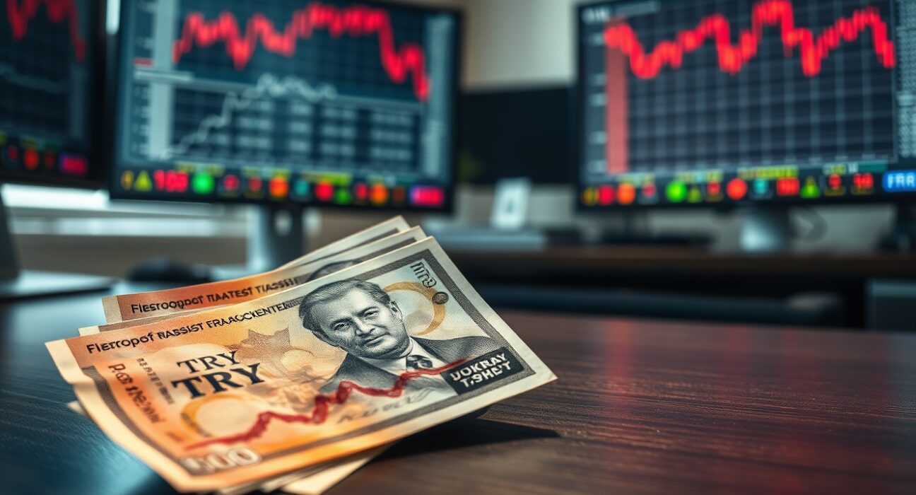 Turkish lira banknotes showing currency stress with financial charts in background representing depreciation risk analysis