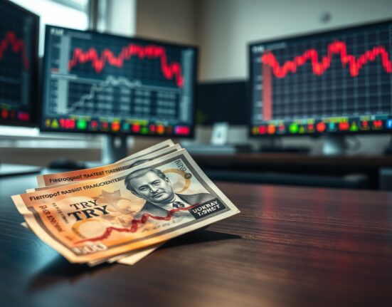 Turkish lira banknotes showing currency stress with financial charts in background representing depreciation risk analysis