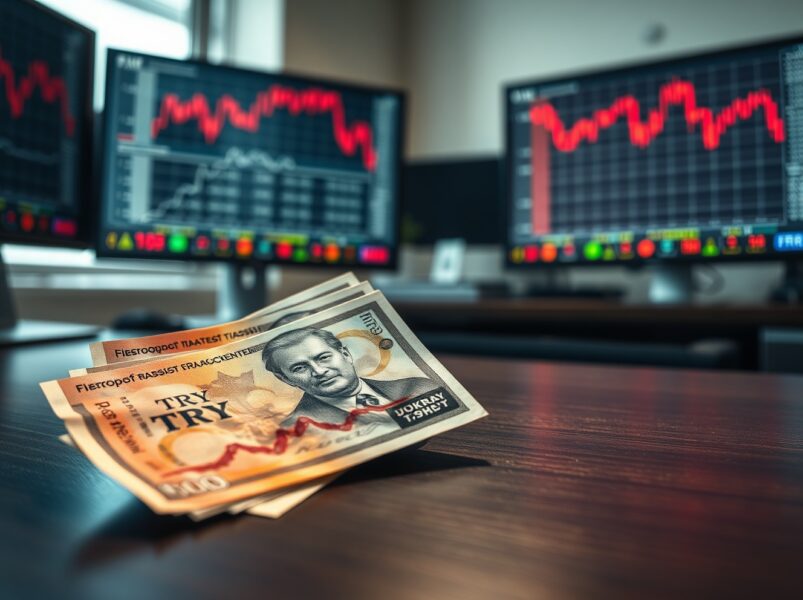 Turkish lira banknotes showing currency stress with financial charts in background representing depreciation risk analysis