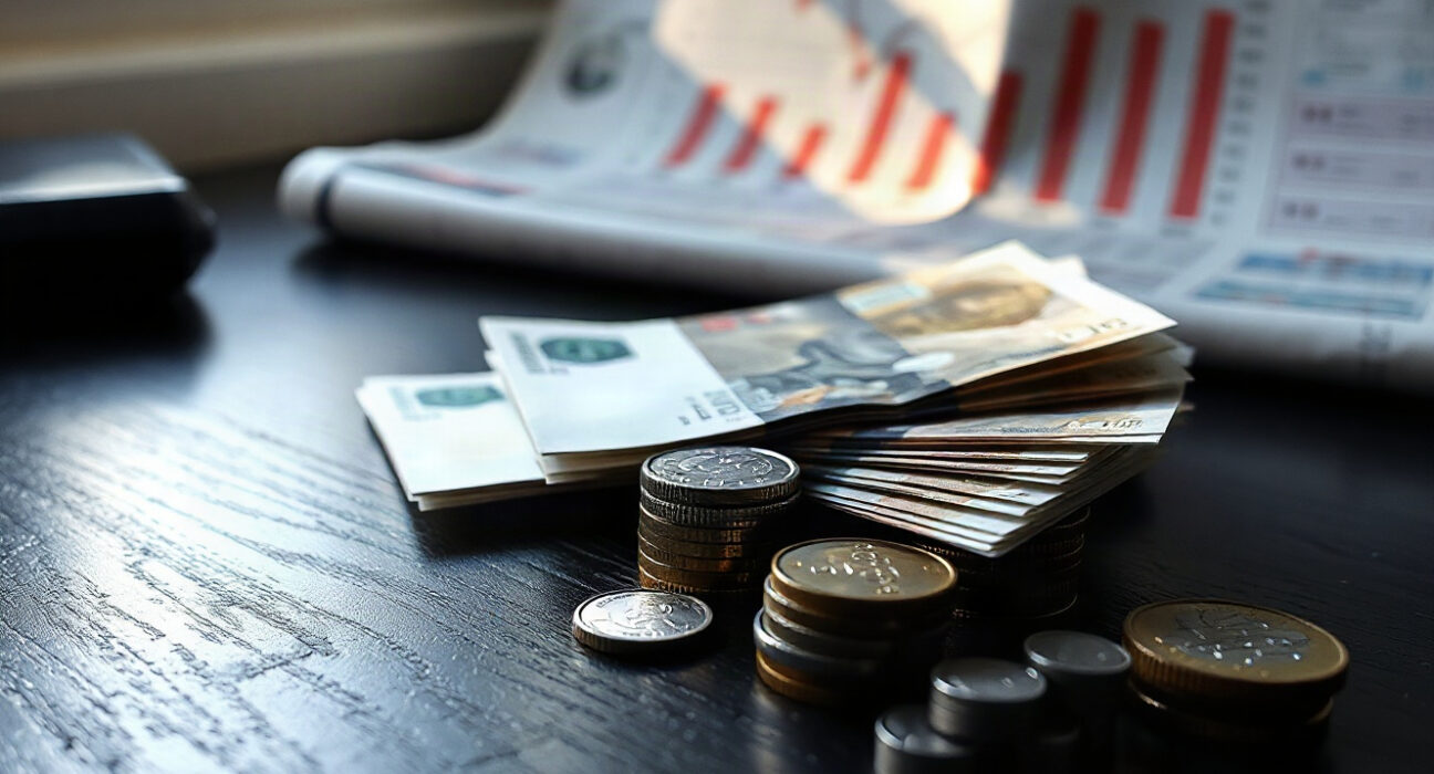 Turkish Lira banknotes and coins with a financial newspaper showing currency charts