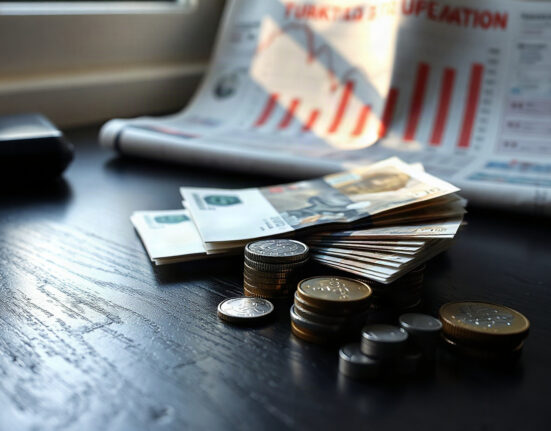 Turkish Lira banknotes and coins with a financial newspaper showing currency charts