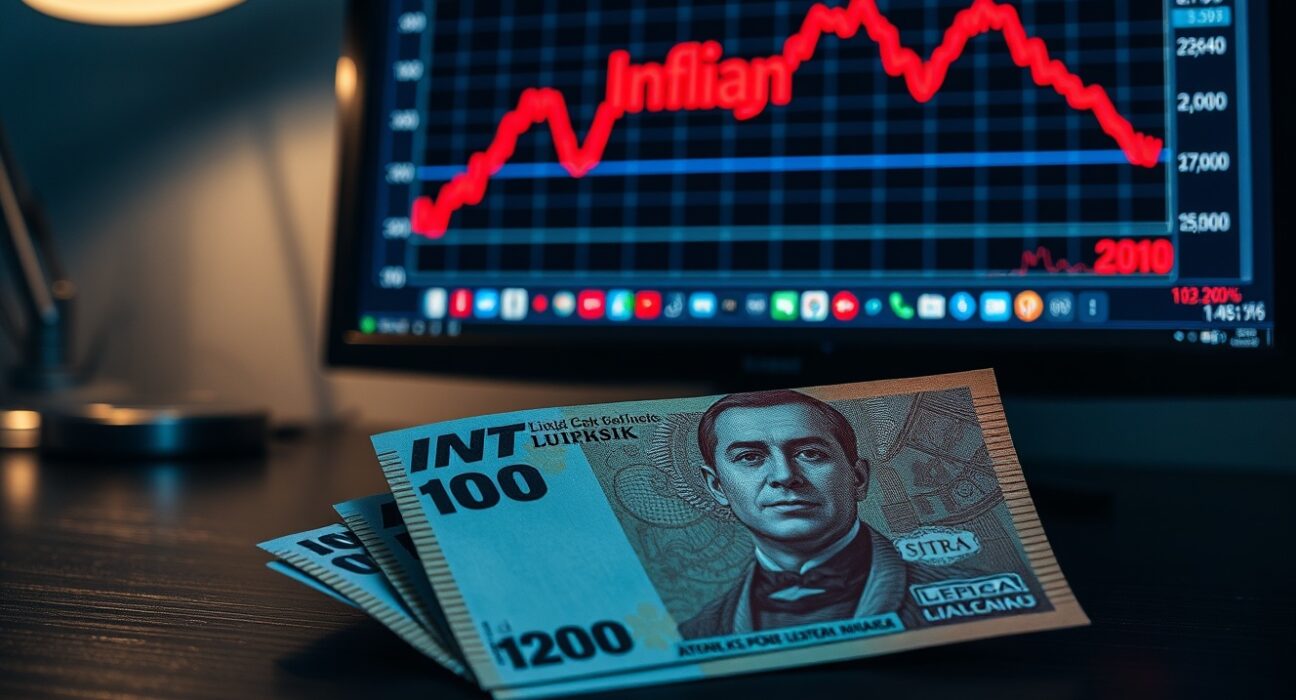 Turkish Lira banknotes with a declining inflation chart on a monitor in the background.