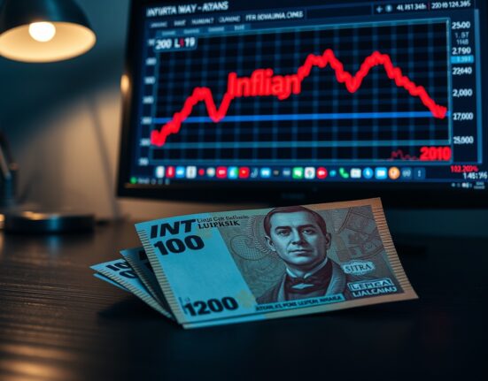 Turkish Lira banknotes with a declining inflation chart on a monitor in the background.