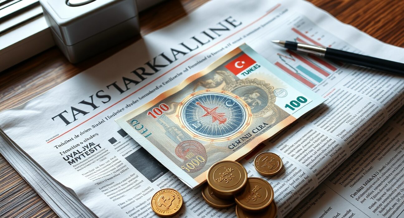 Turkish Lira banknotes and coins on a financial newspaper with a chart.
