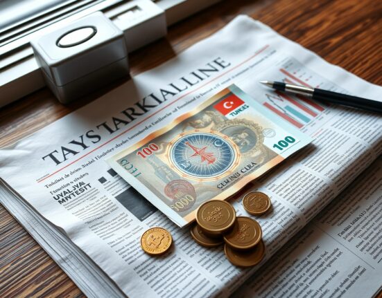Turkish Lira banknotes and coins on a financial newspaper with a chart.