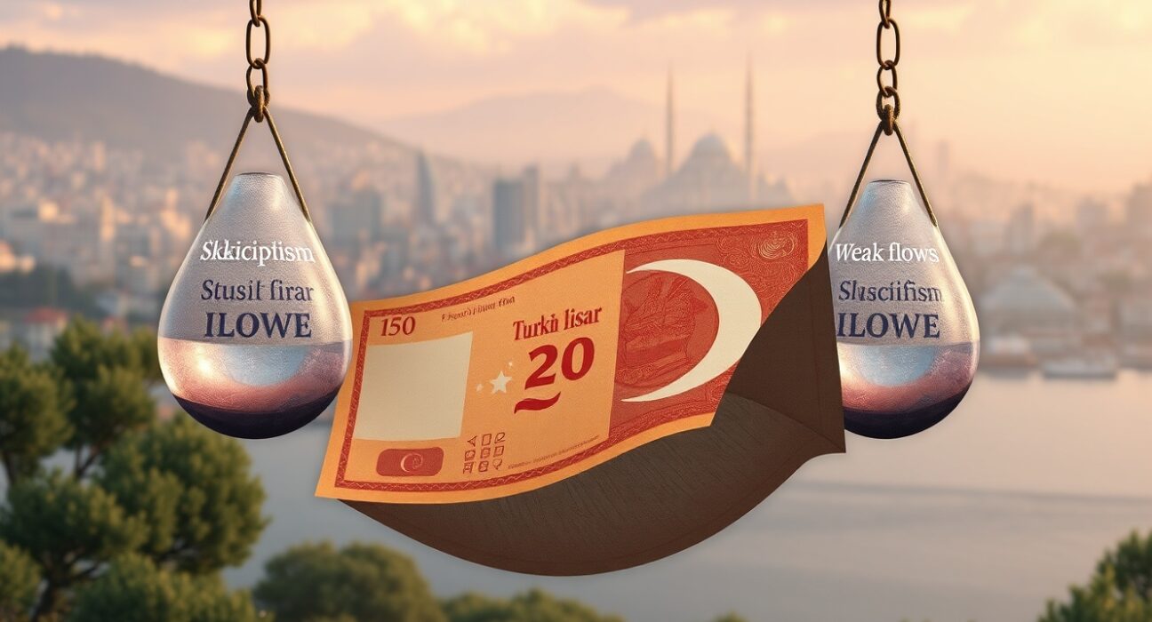 Analysis of Turkish Lira currency pressure from market skepticism and capital outflows in 2025.