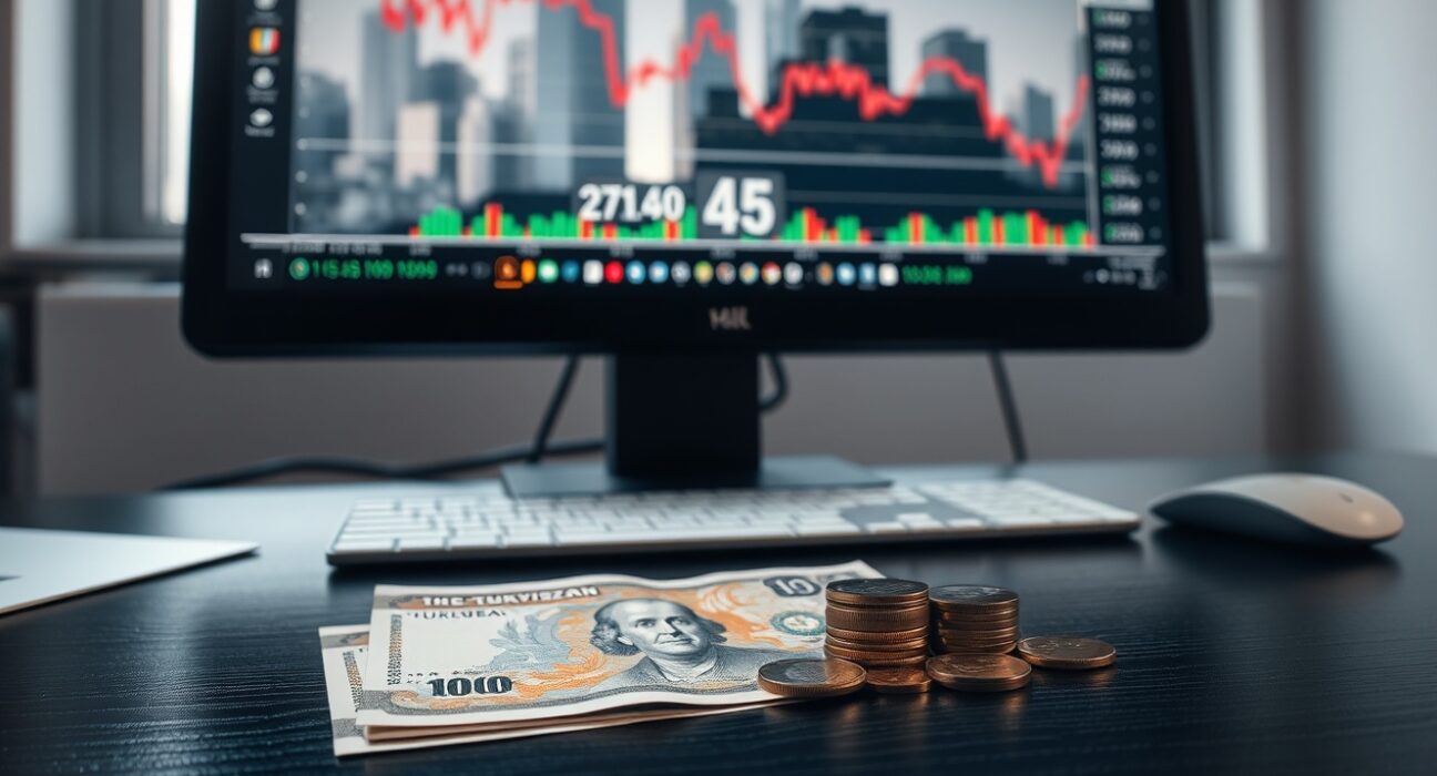 Turkish Lira banknotes and coins on a desk with financial charts on a monitor in the background