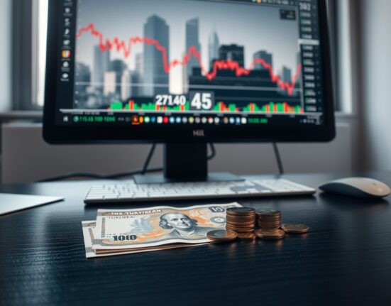 Turkish Lira banknotes and coins on a desk with financial charts on a monitor in the background