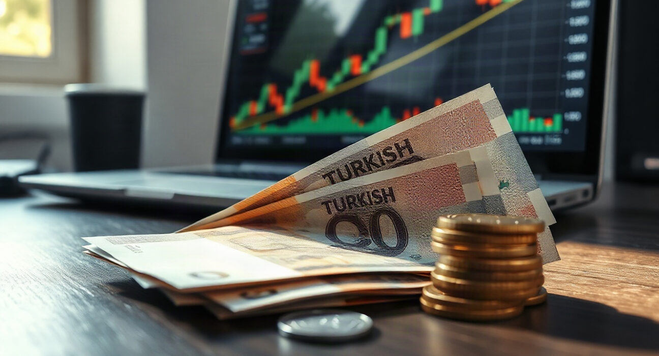 Turkish lira banknotes and coins with a financial chart on a laptop in the background