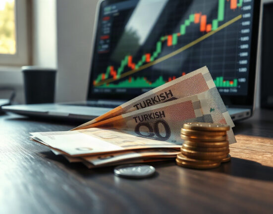 Turkish lira banknotes and coins with a financial chart on a laptop in the background