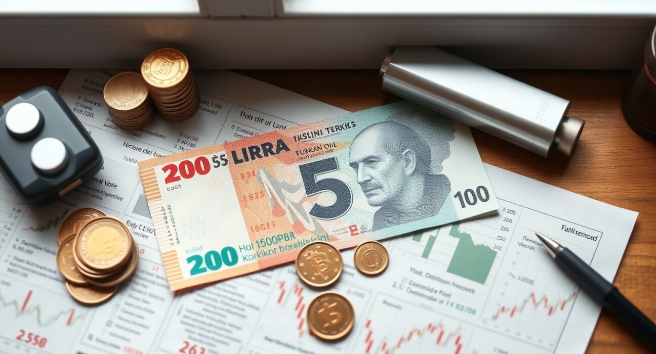 Turkish Lira banknotes and coins on a financial chart background, representing currency weakness.