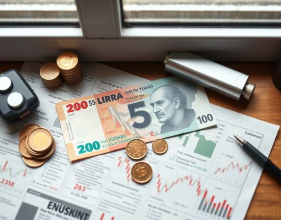 Turkish Lira banknotes and coins on a financial chart background, representing currency weakness.