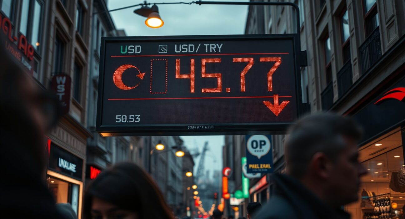 Currency exchange board in Istanbul showing USD/TRY at record high of 45.77