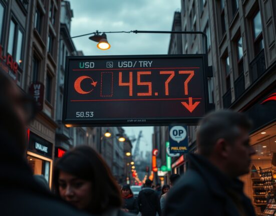 Currency exchange board in Istanbul showing USD/TRY at record high of 45.77