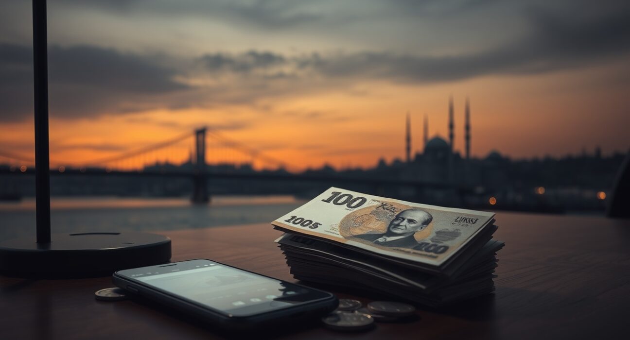Turkish Lira banknotes and coins on a desk with a declining chart on a smartphone, symbolizing currency pressure.