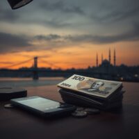 Turkish Lira banknotes and coins on a desk with a declining chart on a smartphone, symbolizing currency pressure.