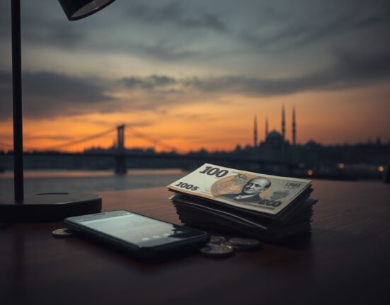 Turkish Lira banknotes and coins on a desk with a declining chart on a smartphone, symbolizing currency pressure.