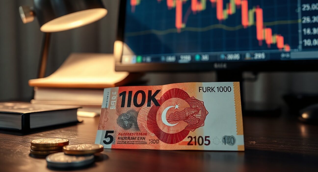 Turkish lira banknote on desk with financial chart in background