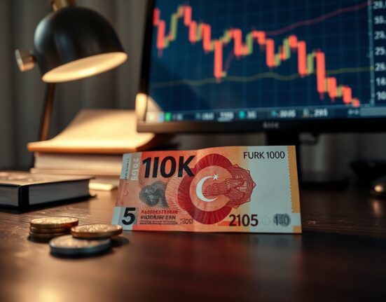 Turkish lira banknote on desk with financial chart in background