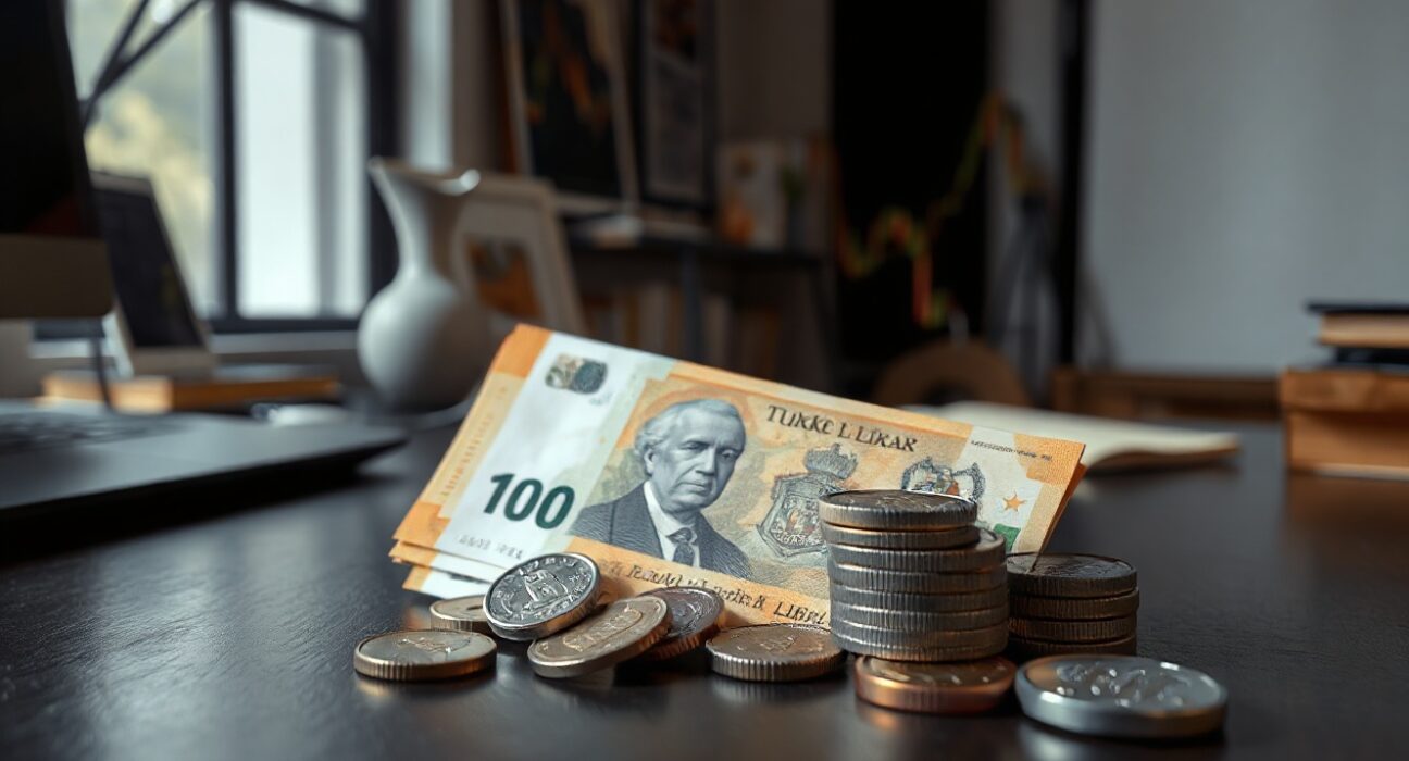 Turkish lira banknotes and coins on a desk with a blurred financial chart in the background
