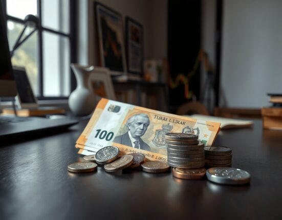 Turkish lira banknotes and coins on a desk with a blurred financial chart in the background