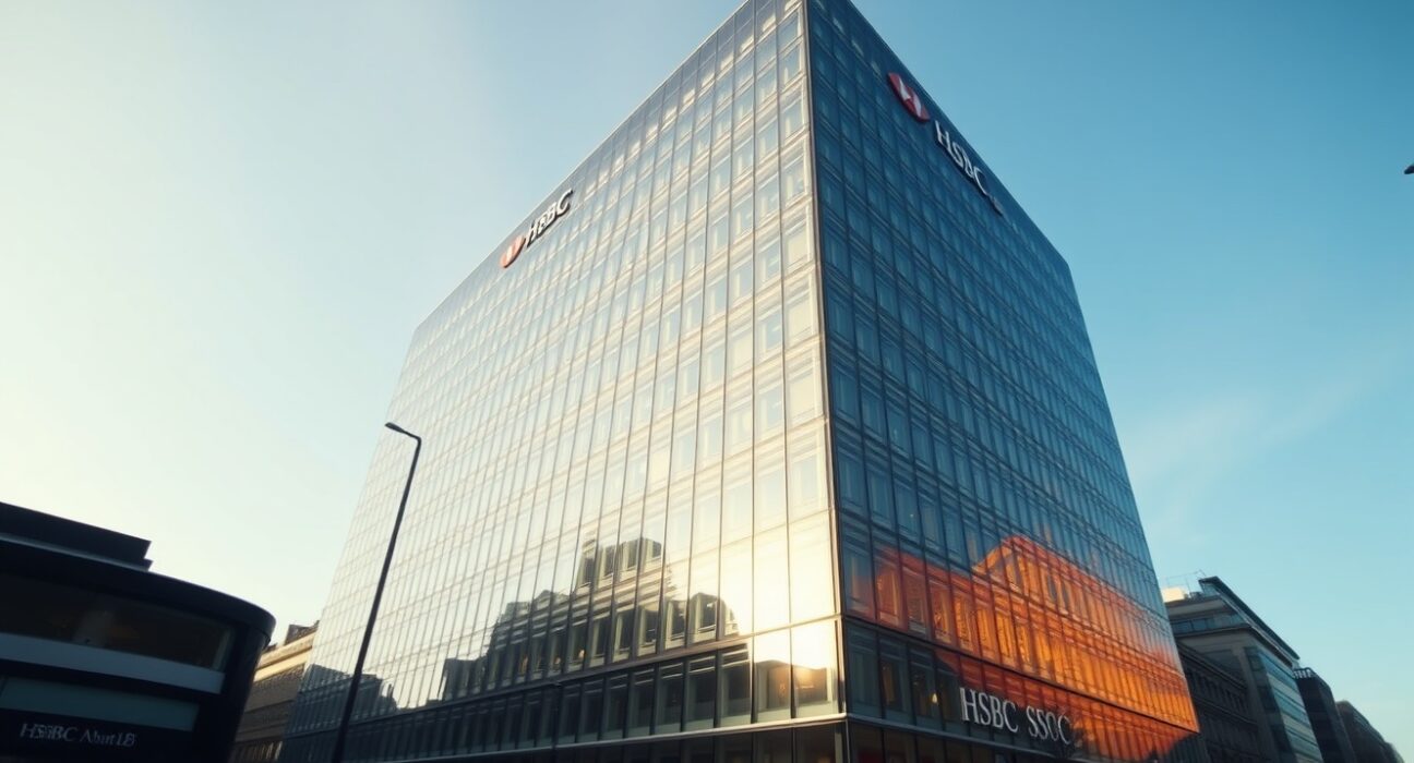 HSBC headquarters in London on a clear day, symbolizing financial stability and analysis.