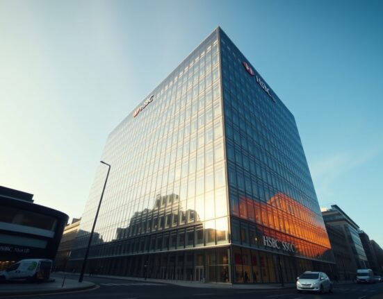 HSBC headquarters in London on a clear day, symbolizing financial stability and analysis.