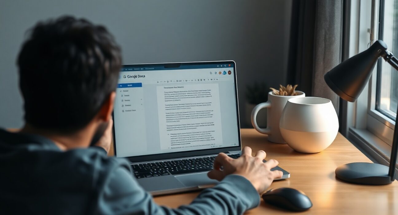 Person using a laptop with a Google Docs document open and a Gemini AI pop-up visible on screen