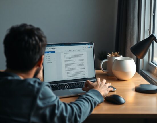 Person using a laptop with a Google Docs document open and a Gemini AI pop-up visible on screen