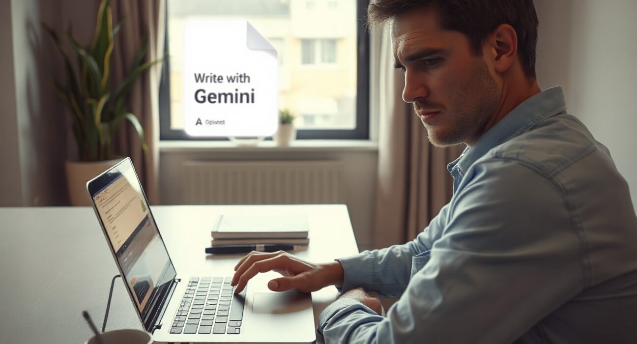 Person working on a laptop with a Google Docs Gemini AI pop-up visible on screen