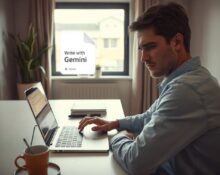 Person working on a laptop with a Google Docs Gemini AI pop-up visible on screen