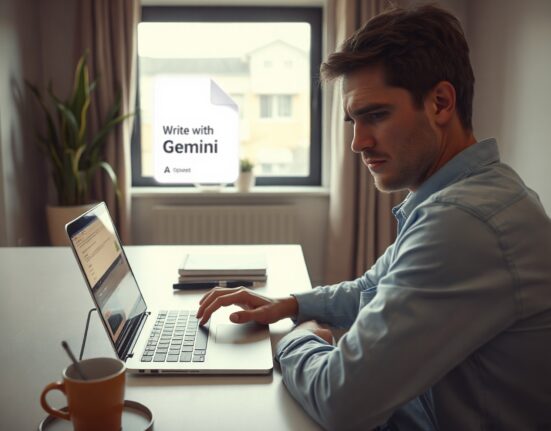 Person working on a laptop with a Google Docs Gemini AI pop-up visible on screen