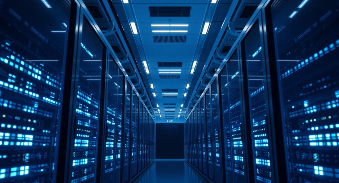Modern data center interior with blue-lit server racks representing secure crypto custody infrastructure.
