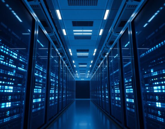 Modern data center interior with blue-lit server racks representing secure crypto custody infrastructure.
