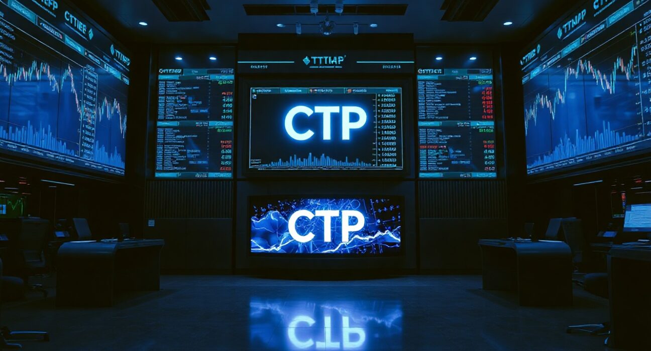Modern trading floor with digital screens showing blockchain-based structured derivative data