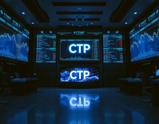 Modern trading floor with digital screens showing blockchain-based structured derivative data